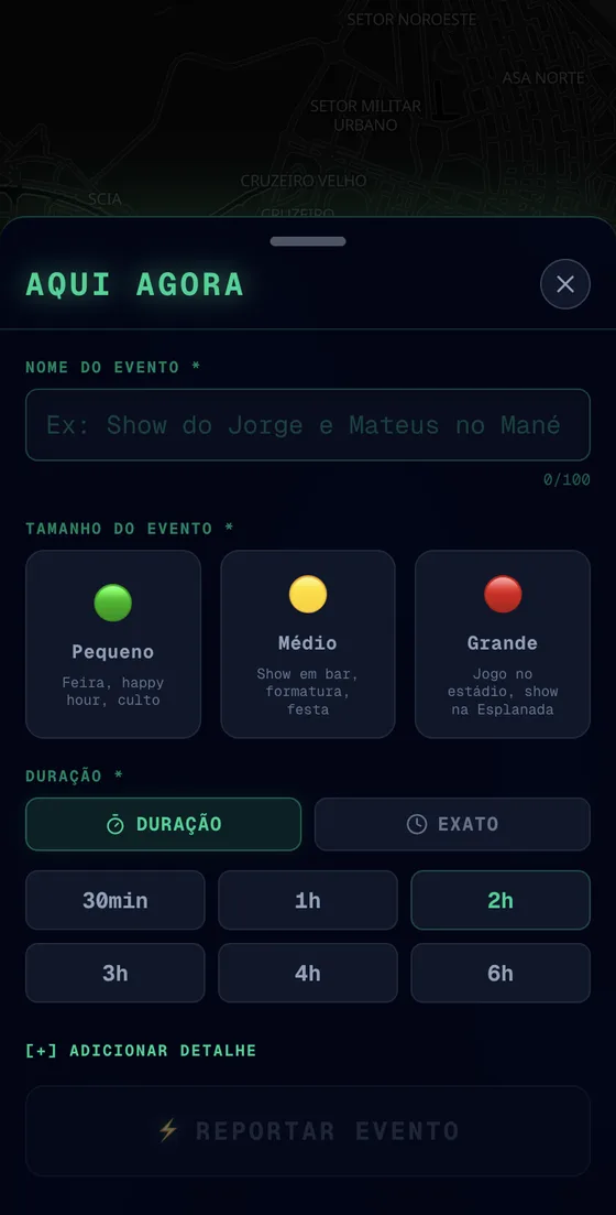 Formulário Aqui Agora com nome, tamanho e duração do evento
